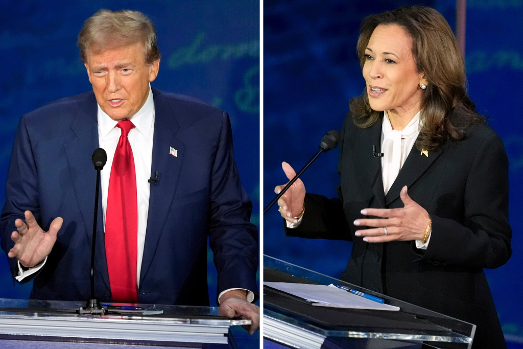 Trump and Kamala Harris during their presidential debate on ABC/Lionscrib